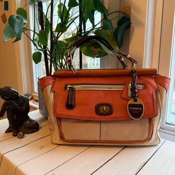 Coach Handbags - COACH | Louisa Satchel (2011) #19276, Beige and Coral Color Block